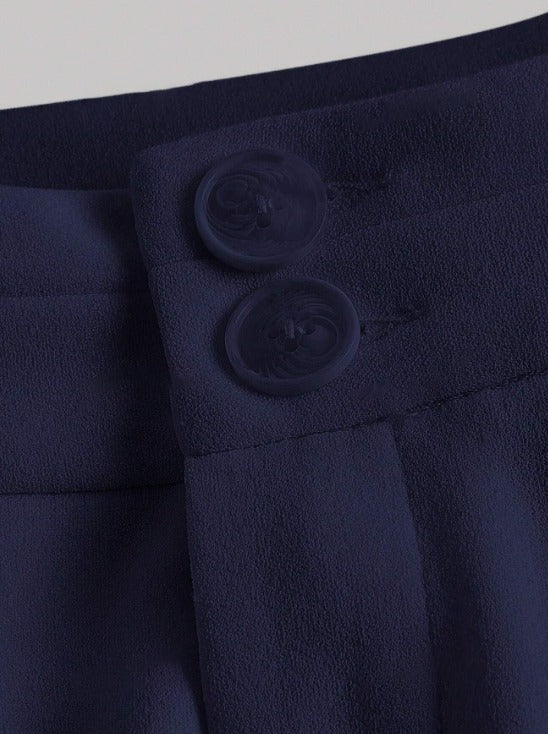 Navy High Waist Plicated Straight Leg Belted Dress Pants Without Belt