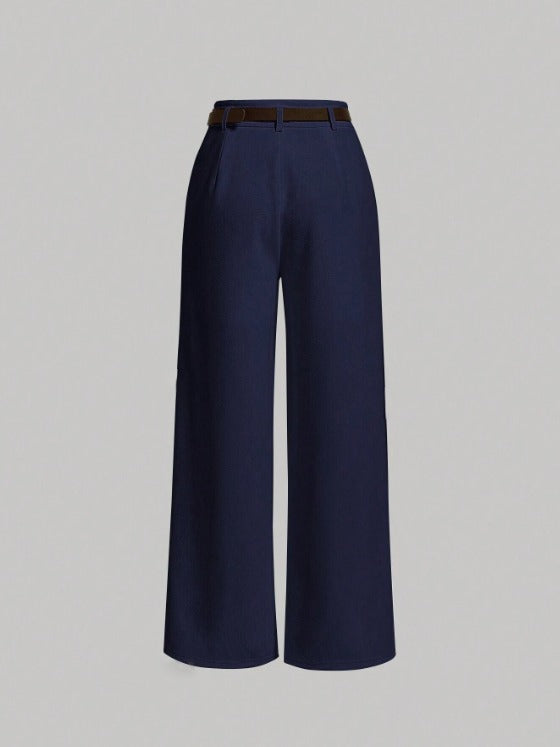Navy High Waist Plicated Straight Leg Belted Dress Pants Without Belt