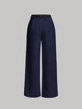 Navy High Waist Plicated Straight Leg Belted Dress Pants Without Belt