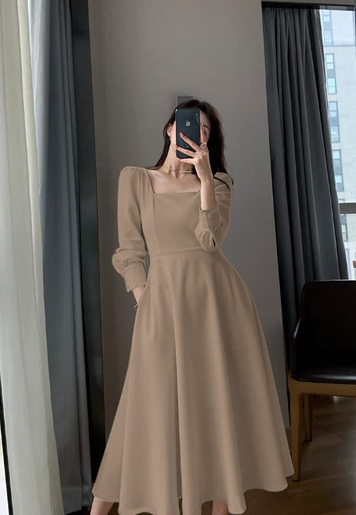 Long Sleeve Square Neck Fit Flare Midi Dress Non Stretch pre order Parien House