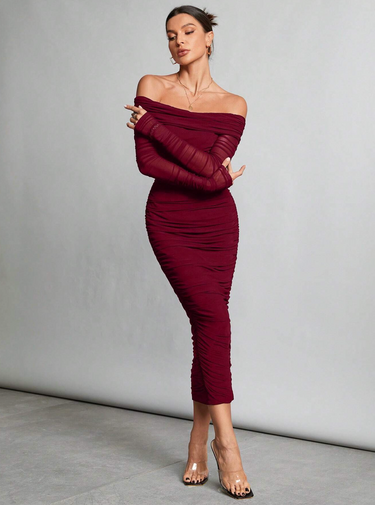Off-Shoulder Ruffled Mesh Long Dress(Clearance sale)