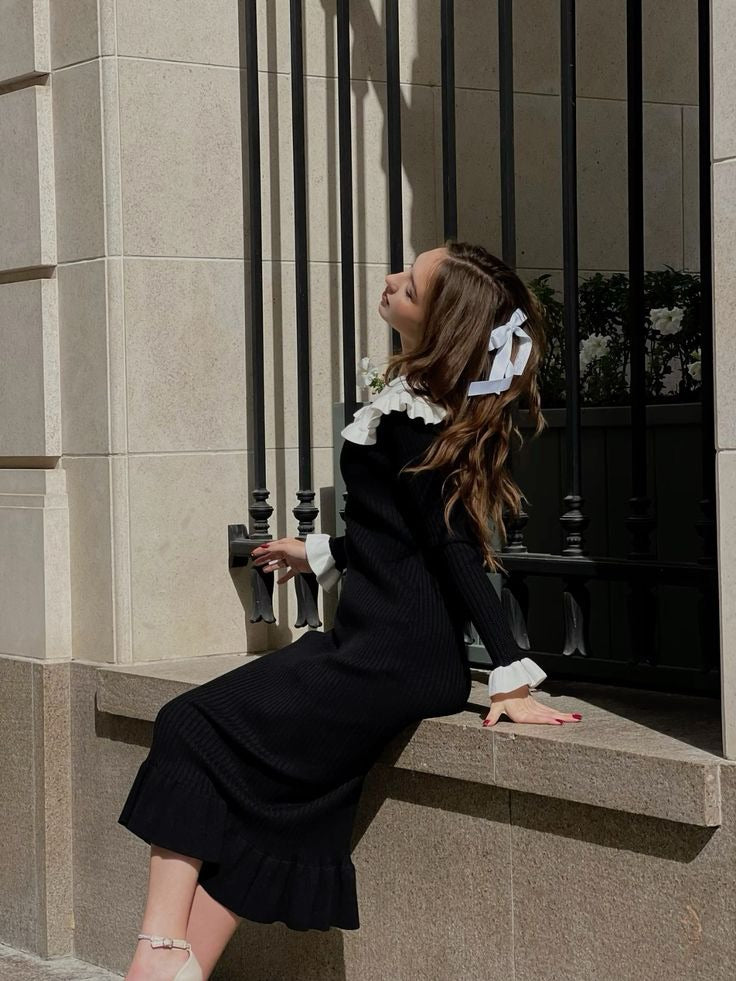 Old Monet Peter Pan Collar Ruffle Sleeve Elegant Sweater Dress