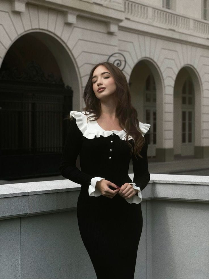 Old Monet Peter Pan Collar Ruffle Sleeve Elegant Sweater Dress