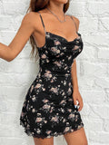 PETITE Floral Printed Black V-Neck Mesh Cami Dress