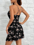 PETITE Floral Printed Black V-Neck Mesh Cami Dress