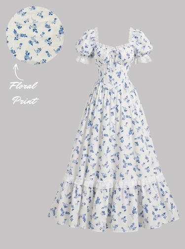 Parien 100% Cotten Puff Sleeve Lace Ruffle Vintage Dress