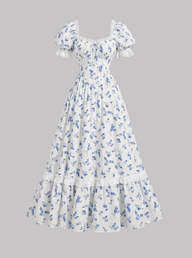 Parien 100% Cotten Puff Sleeve Lace Ruffle Vintage Dress