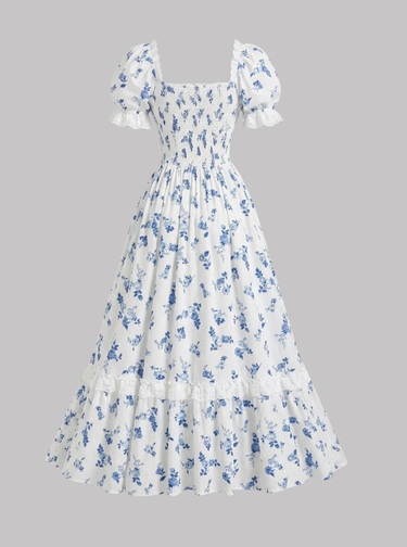 Parien 100% Cotten Puff Sleeve Lace Ruffle Vintage Dress