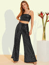 Parien Black Crop Sequin Cami Top & Wide Leg Pants