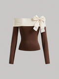 Parien Brown Block Bow Decorated Off Shoulder Top