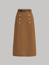 Parien Brown Corduroy Button Detail A-Line Skirt