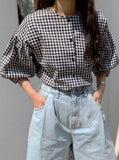 Parien Checkered Round Neck Blouse With Lantern Sleeves Top