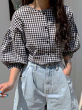 Parien Checkered Round Neck Blouse With Lantern Sleeves Top