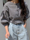 Parien Checkered Round Neck Blouse With Lantern Sleeves Top