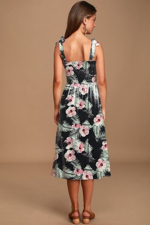 Parien Chiffon Tropical Print Shirred Cami Dress