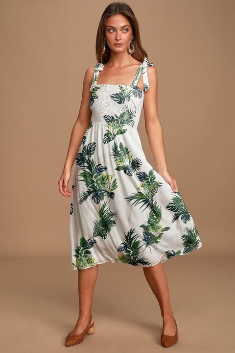 Parien Chiffon Tropical Print Shirred Cami Dress