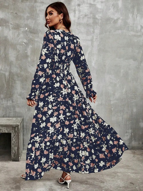 Parien Ditsy Floral Print Flounce Sleeve Ruffle Hem Dress