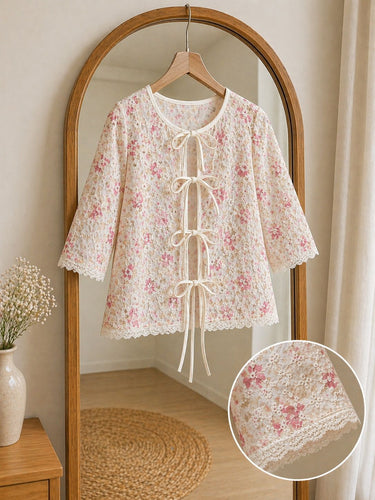Parien Floral Embroidery Front Tie Top