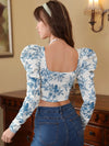 Parien Floral Print Gigot Sleeve Hanky Hem Blouse