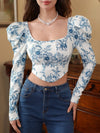 Parien Floral Print Gigot Sleeve Hanky Hem Blouse