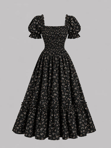 Parien Floral Puff‑Sleeve Laced Tie Neck Vintage‑Inspired Dress