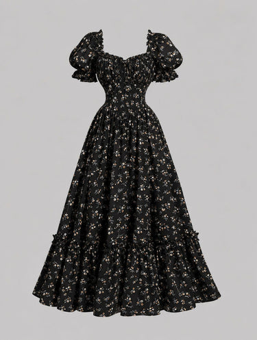 Parien Floral Puff‑Sleeve Laced Tie Neck Vintage‑Inspired Dress