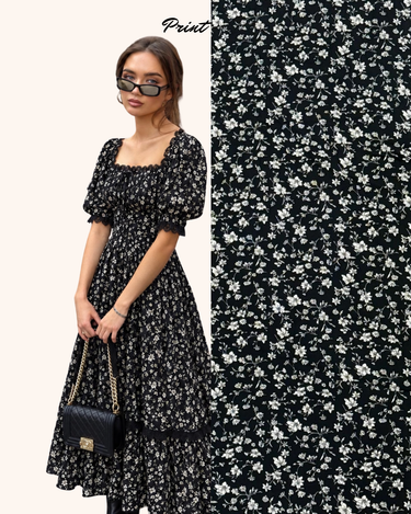 Parien Floral Puff‑Sleeve Laced Tie Neck Vintage‑Inspired Dress