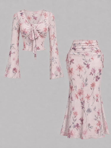 Parien Floral Solid Color Tie-Front Bell Sleeve Top & Mermaid Skirt