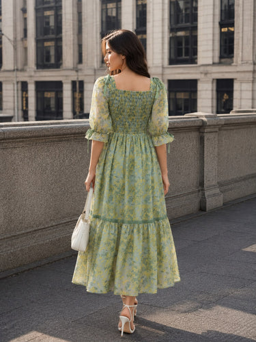 Parien Floral Tie Shoulder Lace Up Sage Dress