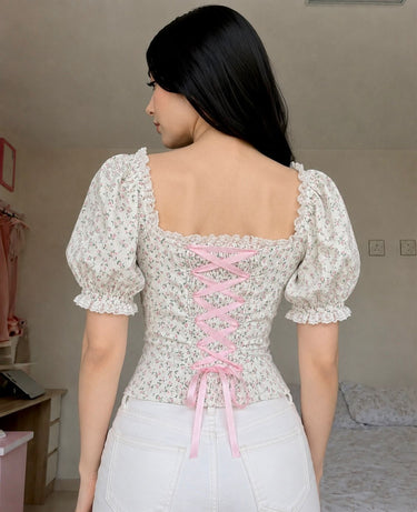 Parien Floral Pink Ribbon Detail Top