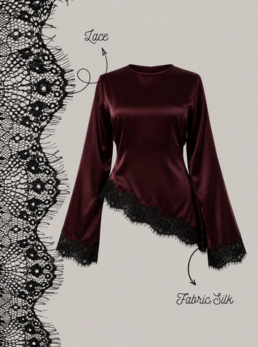 Parien Lace Patchwork Round Neck Long Sleeve Tie Waist Top