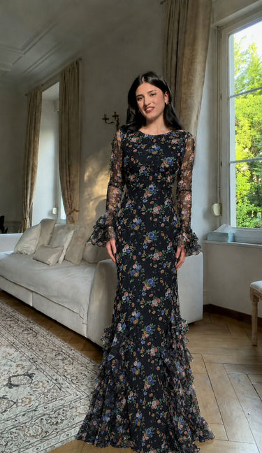 Parien Midnight Bloom Floral Ruffle Dress