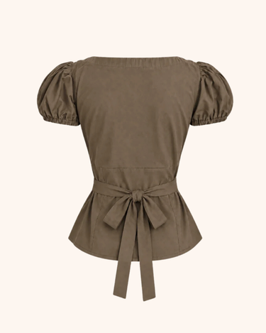 Parien Mocha Bow-Tie Puff-Sleeve Top