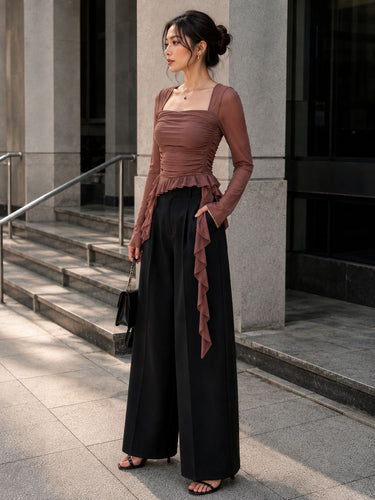 Parien Mocha Ruffle Mesh Top