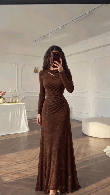Parien Mocha Shimmer Ruched Maxi Dress
