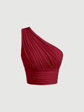 Parien One Shoulder Ruched Red Slim Fit Crop Top