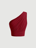 Parien One Shoulder Ruched Red Slim Fit Crop Top