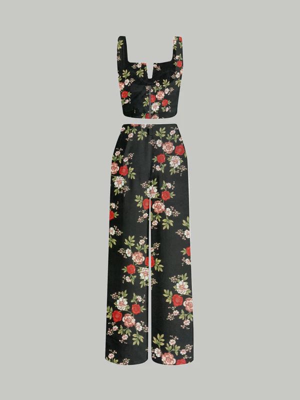 Parien Floral Straps Top and Wide Leg Pants(Clearance Sale)