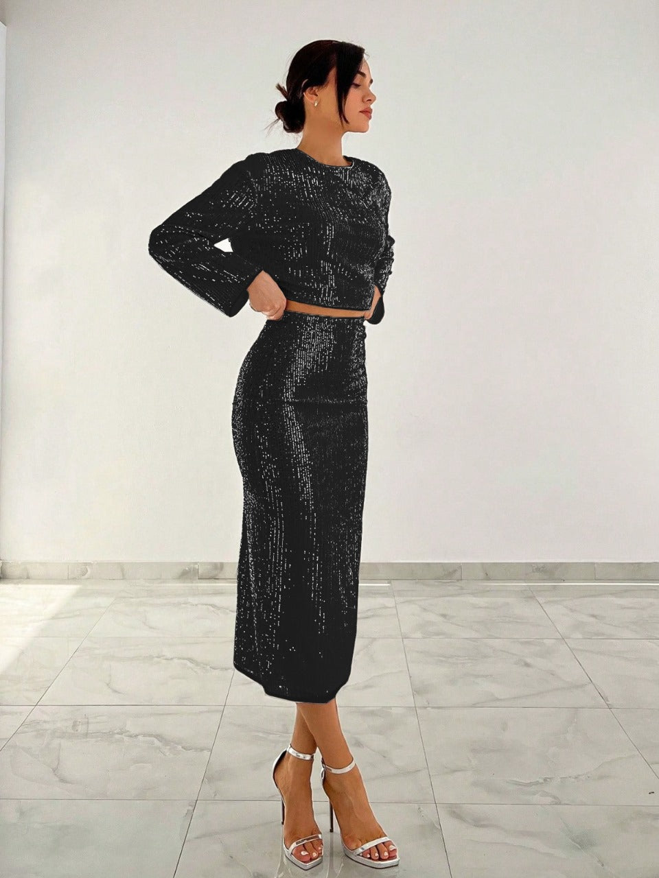 Parien Sequin Crop Top & Split Thigh Skirt