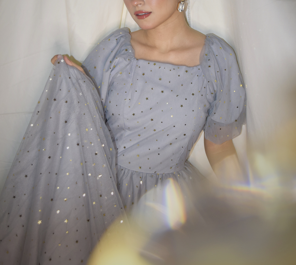 Parien Star Mesh Tulle Shirred Ruffle Dress