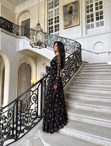 Parien Swiss Dot Floral Ruffle Dress
