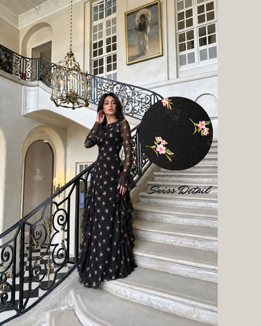 Parien Swiss Dot Floral Ruffle Dress