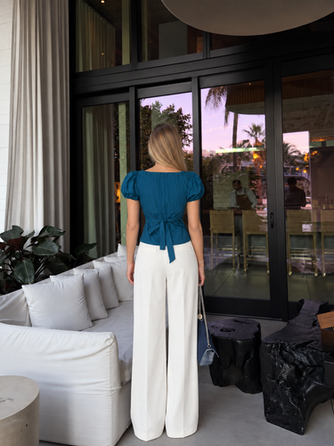 Parien Teal Tie-Neck Vintage Puff-Sleeve Top