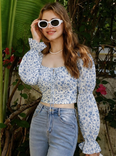 Parien Tie Neck Floral Ditsy Print Top