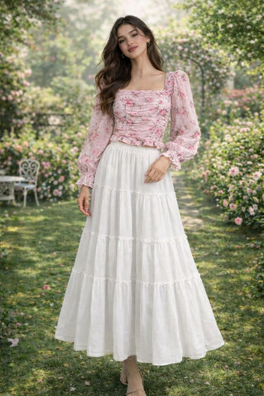 Parien 3-D Floral Square Neck Ruffle Trim Top