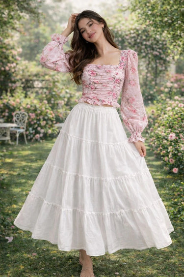 Parien 3-D Floral Square Neck Ruffle Trim Top