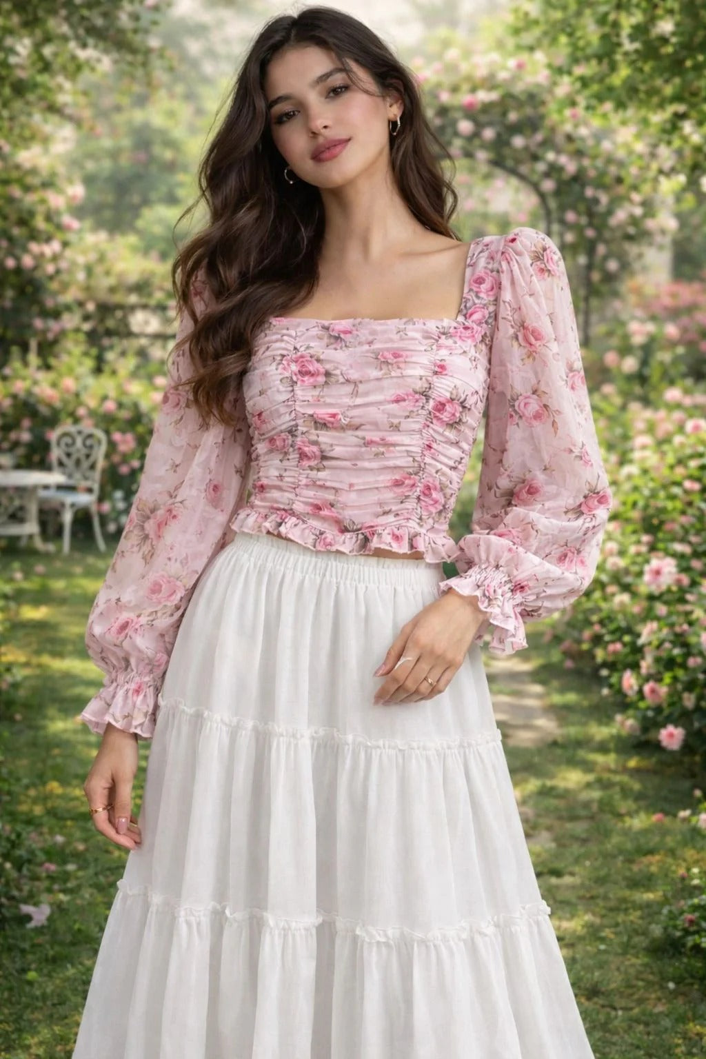 Square Ruffles Parien 3-D Floral Square Neck Ruffle Trim Top – Parien House