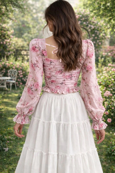 Parien 3-D Floral Square Neck Ruffle Trim Top