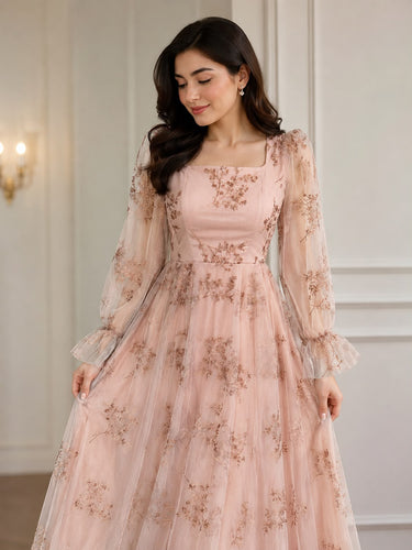 Parien Blush Lace Flare Dress