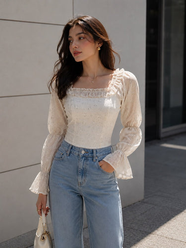 Parien Floral Square Neck Ruffle Trim Top